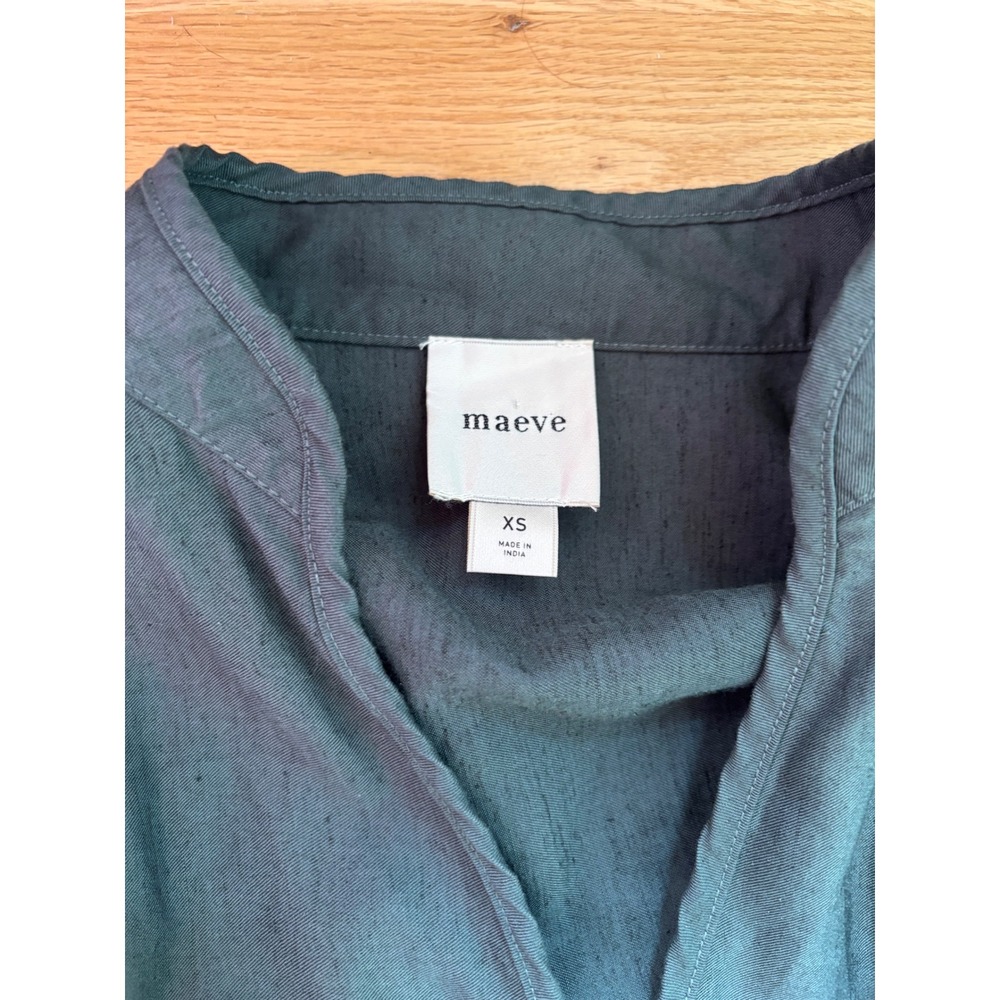 Maeve Anthropologie Dark Green Linen Blend Ruched Sleeve Peplum Blouse XS Earthy - Picture 5 of 8